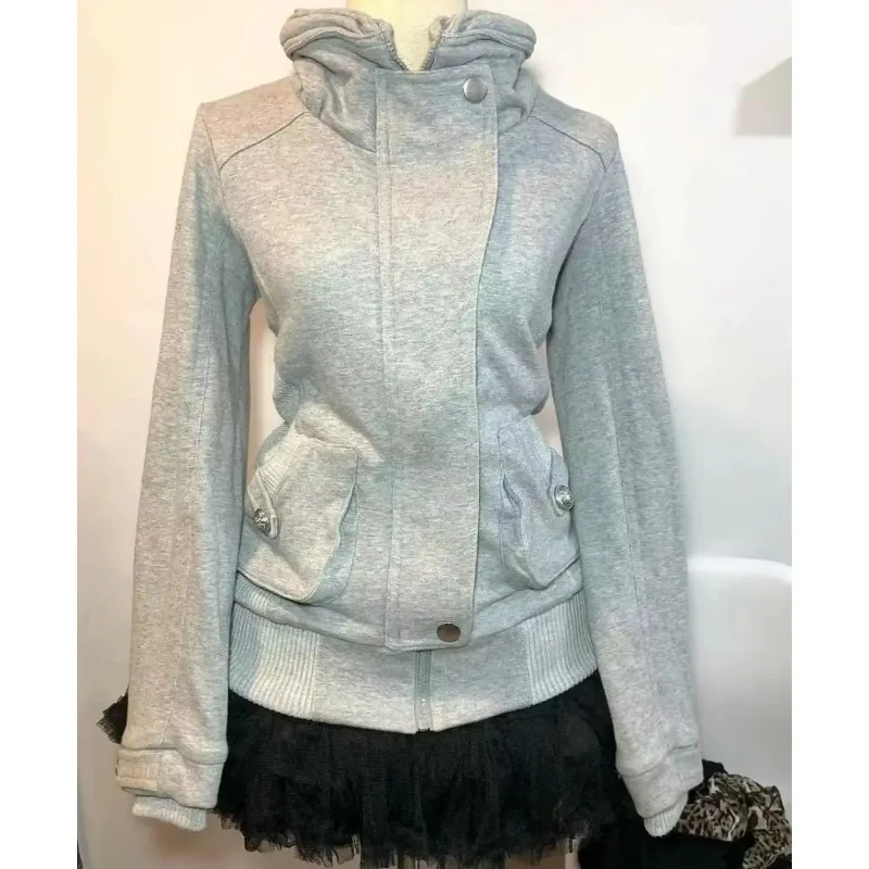 Women Vintage Asymmetric Zip Hooded Sweatshirt Slim Waist Long Sleeve Casual Retro Spring Autumn Outerwear Coat