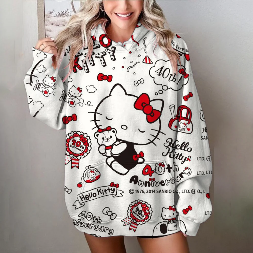 

MINISO fashions Hello Kitty Women Sweatshirt Anime Hoodies For Boys Girls Pullover Tops Autumn/Winter Cute Cartoon Print Clothi
