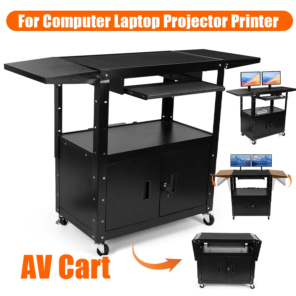 

Steel AV Cart with Locking Cabinet Projector Cart with Pullout Keyboard Tray & Cord Management for Office Classroom Presentation