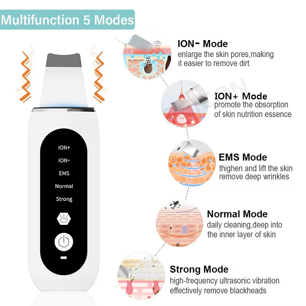 Ultrasonic Skin Scrubber Peeling Acne Blackhead Remover Ultrasonic EMS Ion Acne Pore Face Deep Cleaning Facial Shovel Cleaner
