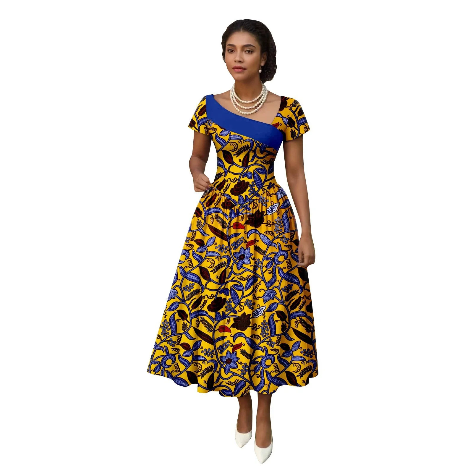 

African Dress Women Ankara Print Skew Collar Sleeveless Ankle-Length Dashiki Elegant Fashion Casual Party Embroidery Summer