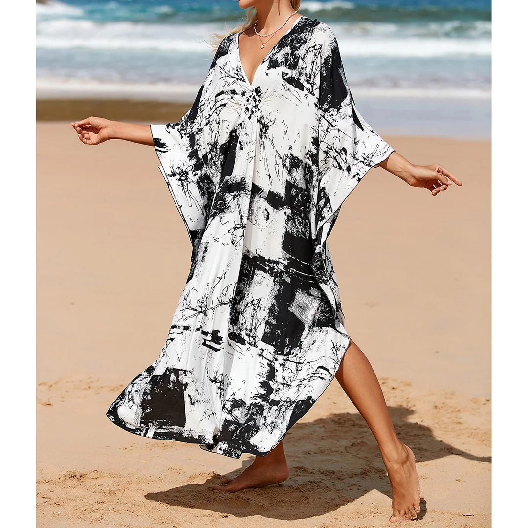 Sexy Tunika mit Zebra-Muster und V-Ausschnitt, Strandkleid, Strandmode, langes Strandkleid für Damen, V4159 – Detail 35