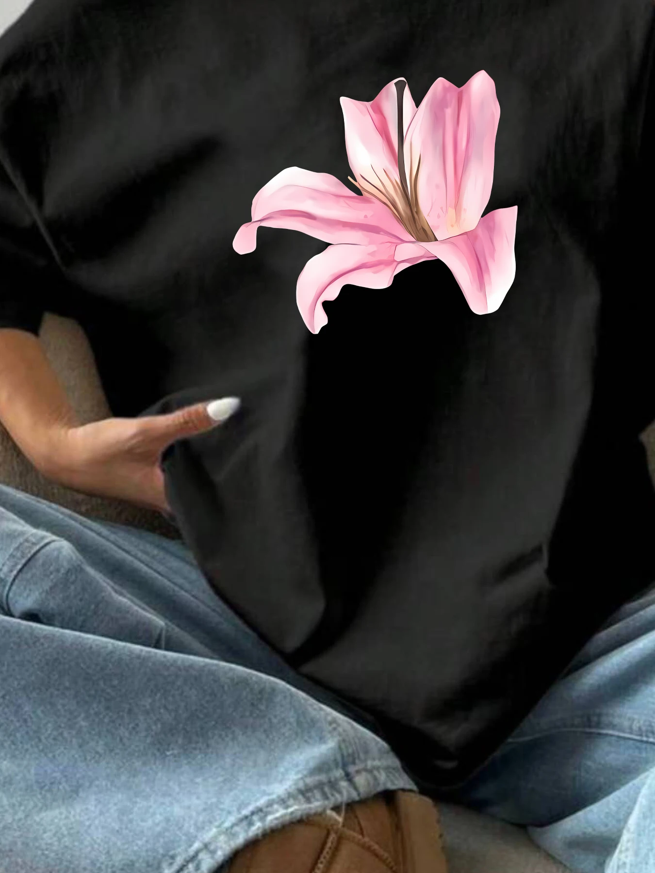 

Pink flower pattern printed women's T-shirts artistic fashion T-shirts summer everyday women's tops