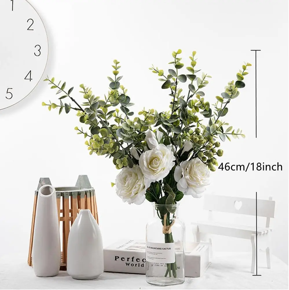 

Large White Artificial Flowers - Faux Silk Roses & Eucalyptus Leaves for Wedding Bouquets, Floral Arrangements, Table Centerpiec