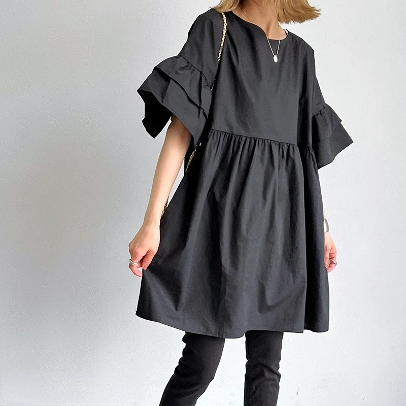 Double Layer Ruffles Short Sleeve Shirt Dress Solid Loose Casual Mini Robe Femme Elegant Patchwork Japanese O-neck Vestidos