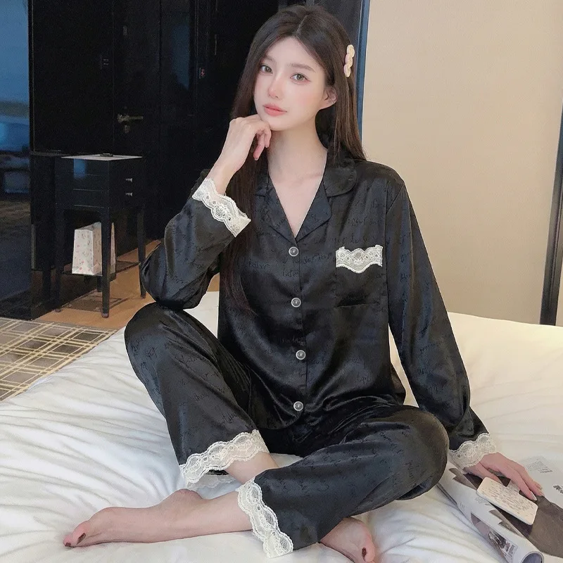 

French-Style Youthful Ice Silk Pajamas for Women, Jacquard High-End Long-Sleeve and Long Pants, Thin Spring and Summer Loungewea