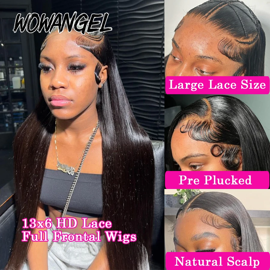 WowAngel 250% 13x6 HD Lace Full Frontal Wigs Human Hair Wigs Silk Straight Melt Skins Pre Plucked Brazilian Hair Wigs For Women