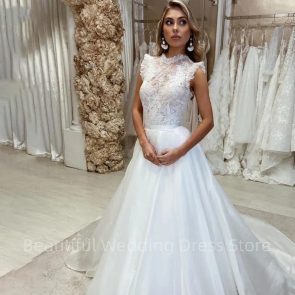 Elegant Lace Princess Wedding Dresses High Neck A-Line Ruched Sleeveless Pageant Appliques Bridal Gowns Vestido De Novia