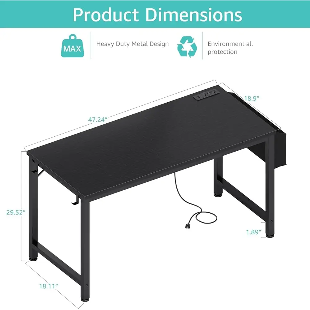 Gaming Desk With Power Outlet, 47 H Teen Study Table Home Office Work Writing Computer Desks With Charging Station Outlets