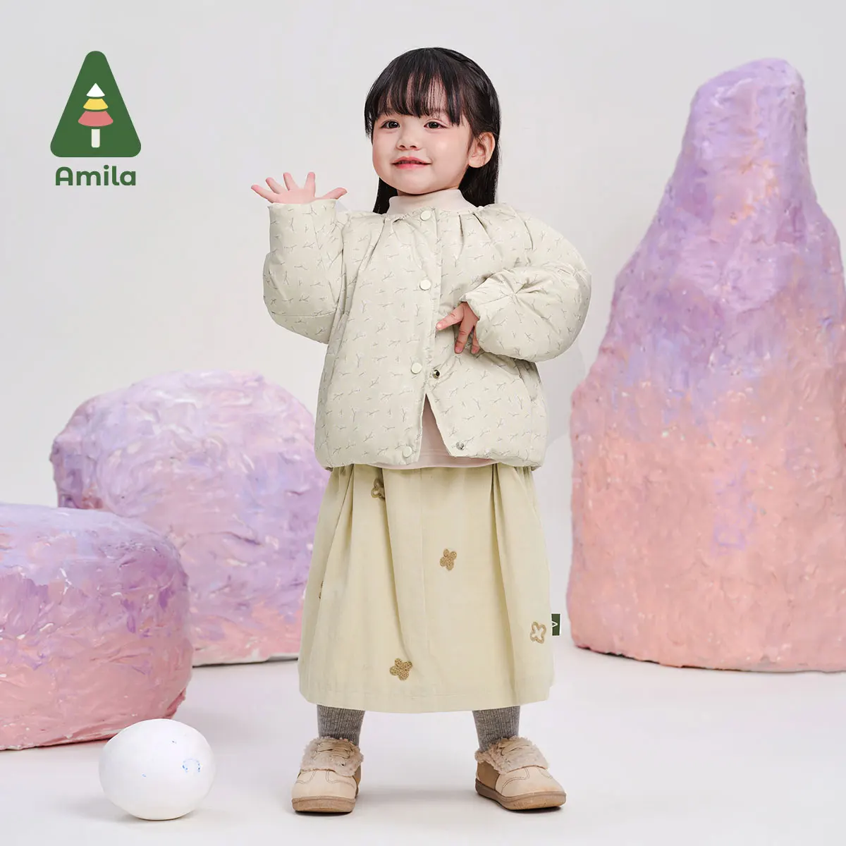 Amila Baby Skirt 2024 Winter New Style Girls Plus Velvet Warm Skin-Friendly Cartoon Solid Color Corduroy Children\'s Long Skirt