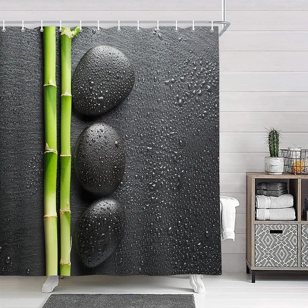

Спа-декор, японский сад дзен, камень и деревянный бамбук на черной занавеске для душа, украшения для ванной комнаты из полиэфирной ткани для йоги