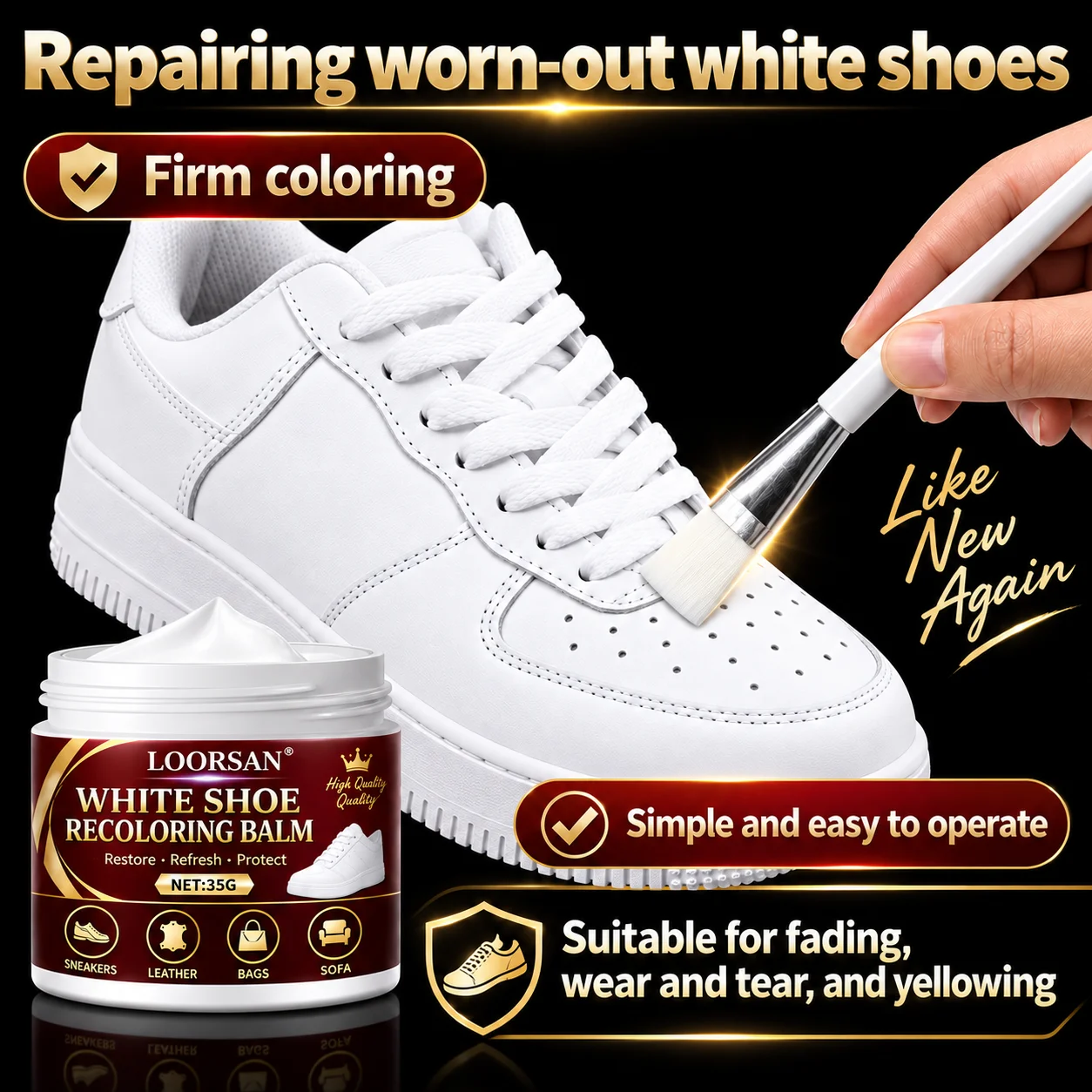 LOORSAN White Shoe Recoloring Balm Sneaker Edge Repair Cream Leather Color Restorer For Shoes Bags Sofa DIY Care
