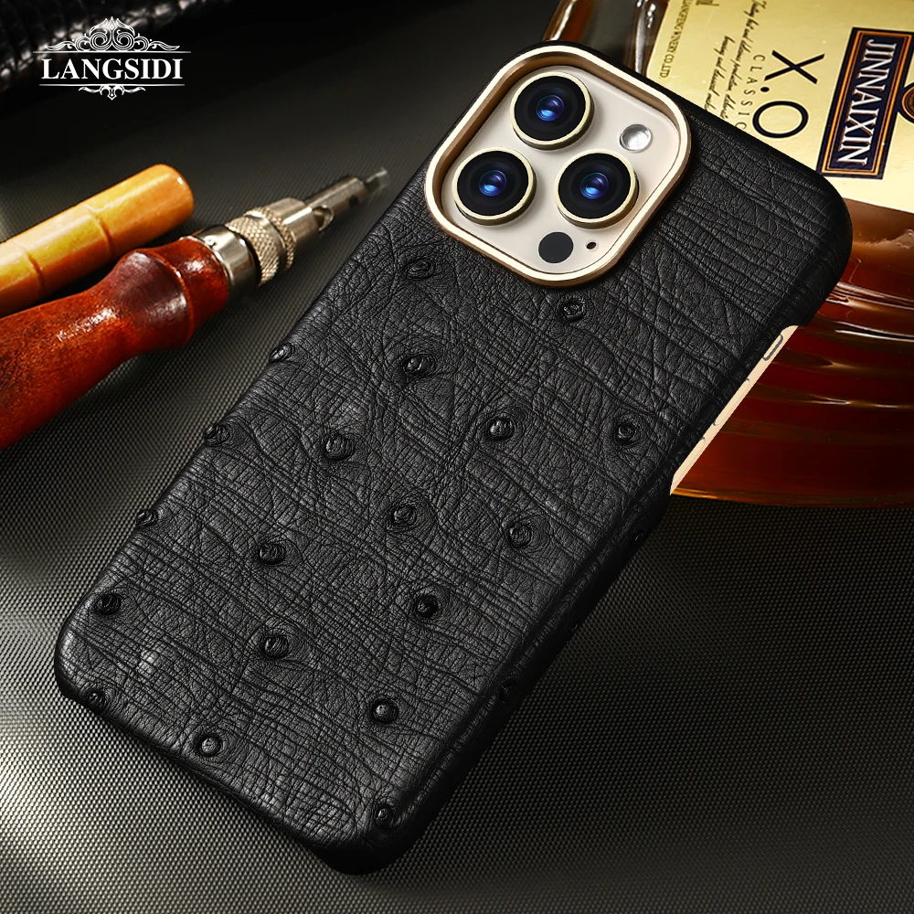 

Leather for Magsafe Case for iPhone 14 16 Pro Max 16Pro 15Pro Luxury Genuine Crocodile Ostrich Back Cover with Screen Protector