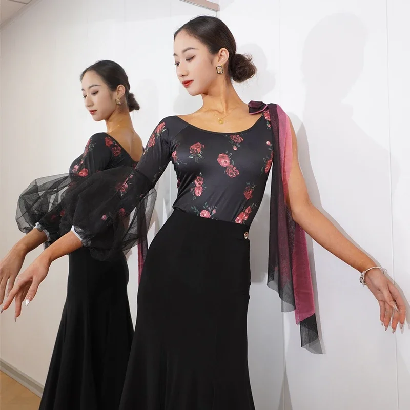Ballroom Dans Kleding Vrouwen Prestaties Tops Mesh Pofmouwen Bloem Wals Dans Kostuum Rmba Latin Dans Slijtage BL11303