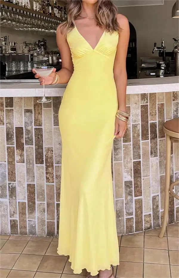 New Fashion Womens Solid Color Long Dress Sleeveless V-Neck Slim Fit Dress Club Street Style Yellow Skin Friendly Hot Sale S M L