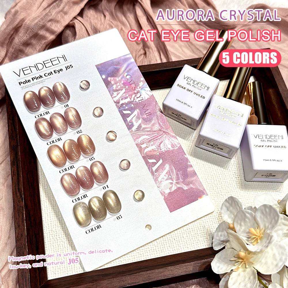 

Vendeeni 5 Colors/set Aurora Pink Crystal Cat Eye Gel Nail Polish UV LED Manicure Magnetic Nail Varnish With Color Card