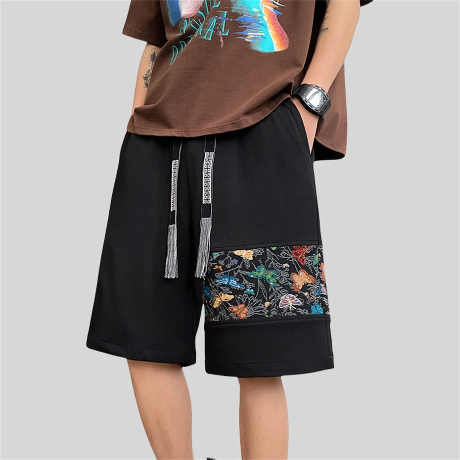 Plus Size Patchwork Shorts Men Loose Casual Pants Chinese Style Butterfly Embroidery Shorts Ribbon Design Bottom Summer 5XL