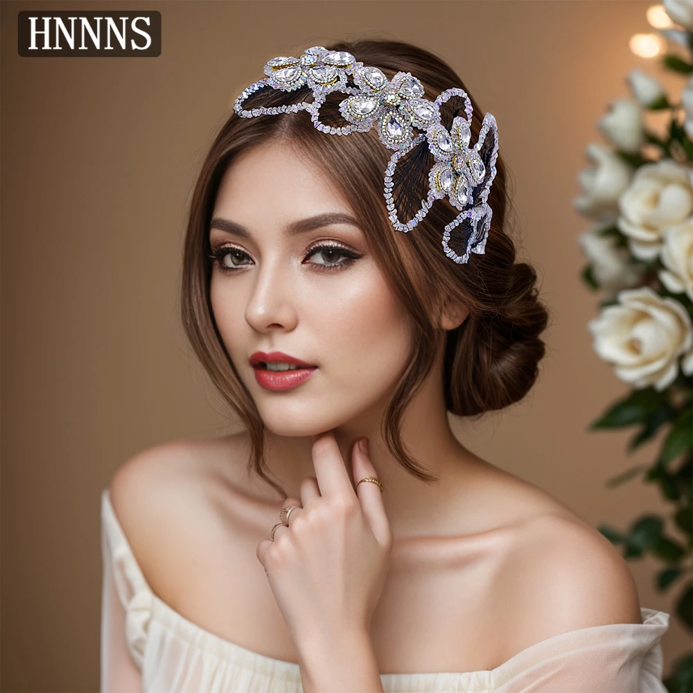 

HNNNS Crystal Braid Leaves Headdress Sparkling Flower Headband Modern Bride Headpiece Luxury Wedding Hair Accessories A185