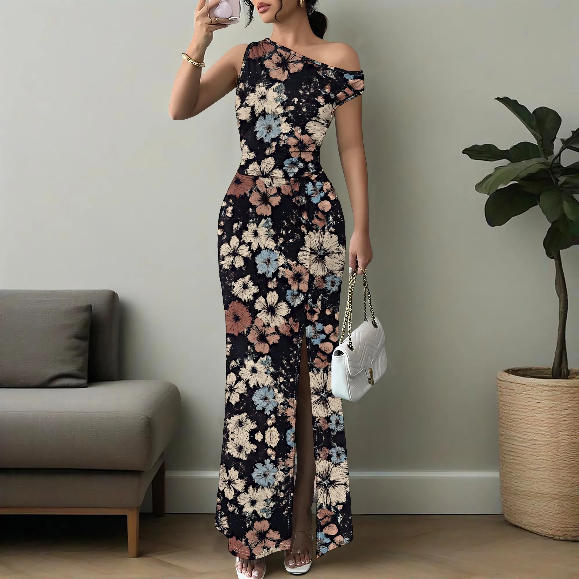 

Women's Off Shoulder Floral Maxi Dress XS-3XL Ruffle Sleeve High Slit Elegant Summer Beach Vacation Wedding Guest Outfit