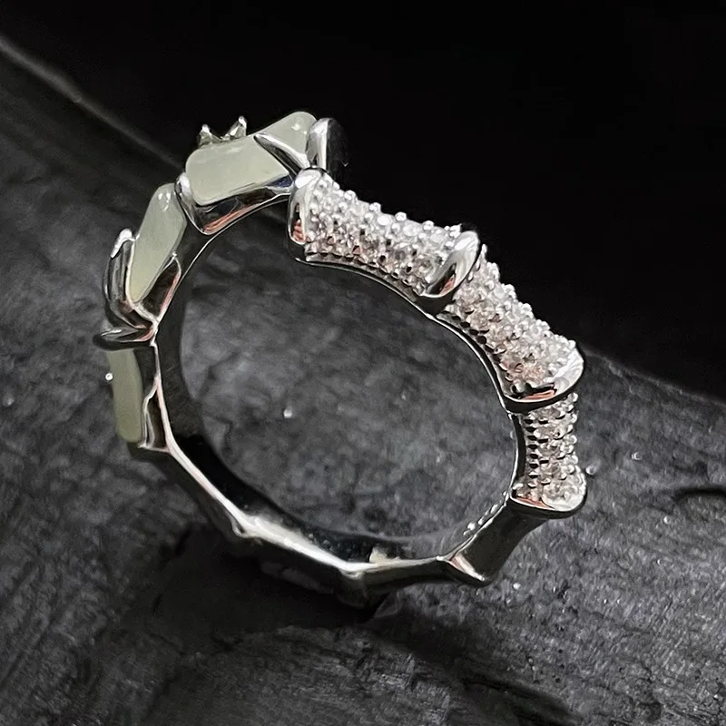 925 Sterling Silve Bamboo Geometry Zircon Ring for Women Girl Gift Hotan Jade Design Jewelry Dropshipping view 4