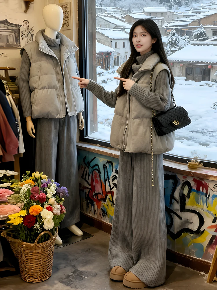 

Chic Korean Style Knitted Set Loose Fit Warmth Casual Pants Autumn Winter Fashion Three Piece Suit High Waist Zipper Closure
