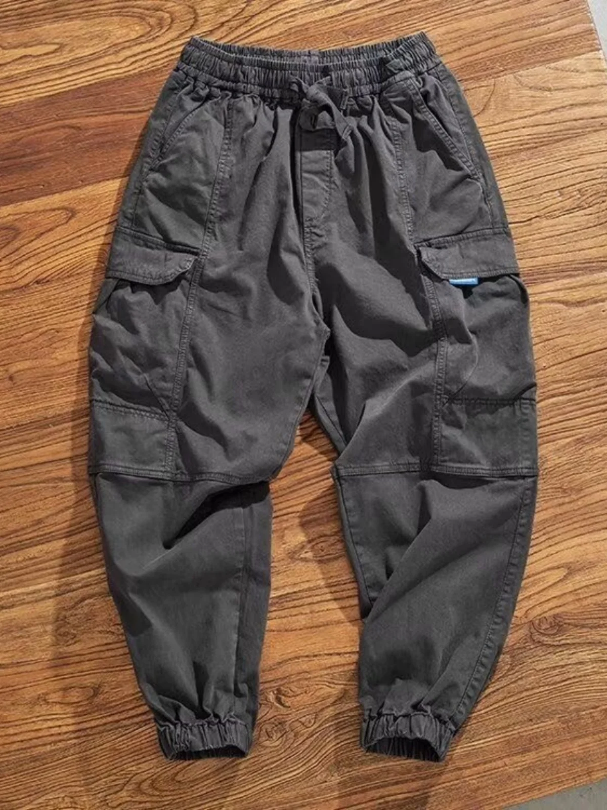 

Мужские свободные повседневные хлопковые рабочие брюки с высокой талией, тактические брюки с манжетами, многоэтажные прочные длинные брюки с защитой труда