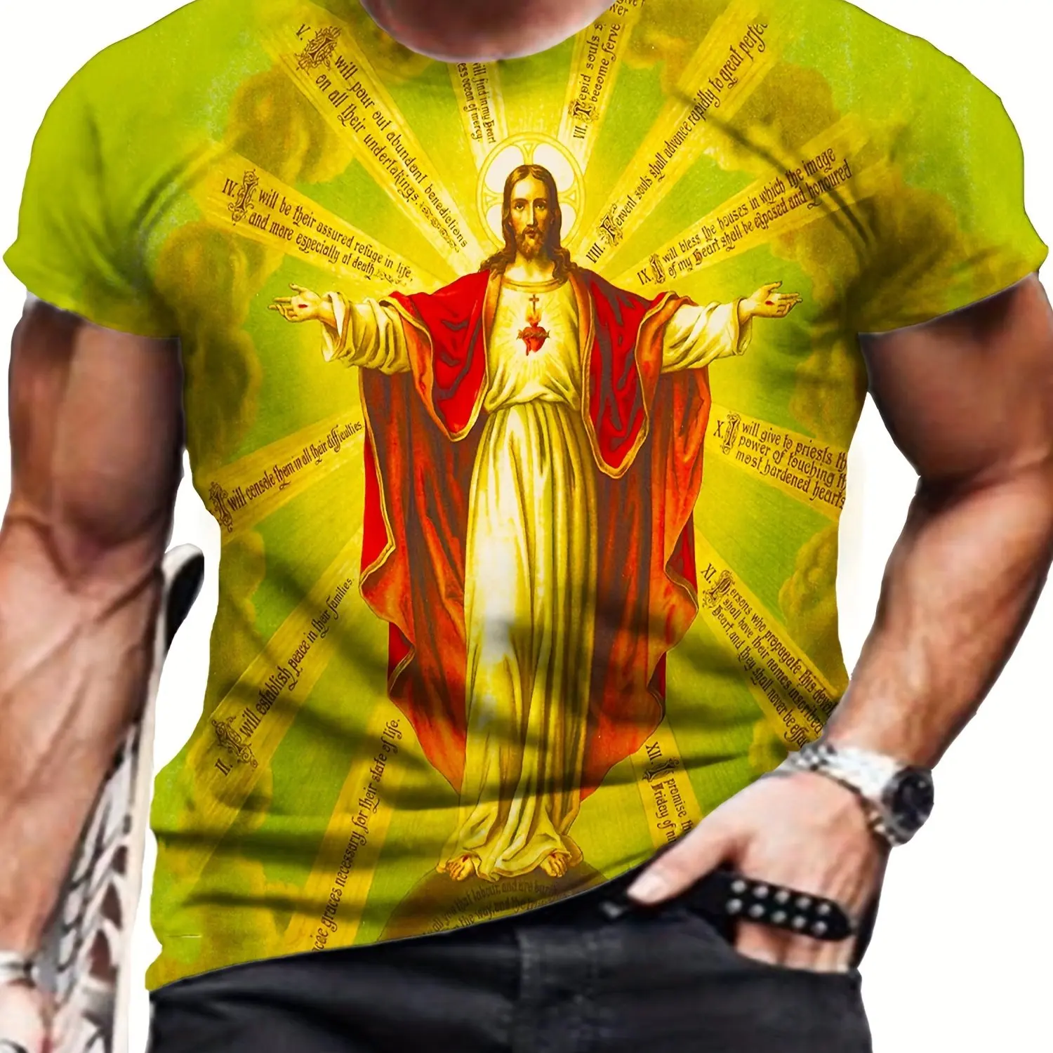 Religion Theme Print Men's Crew Neck Short Sleeve Plus Size T-shirt, Lightweight Versatile Tee For Summer Daily Wear