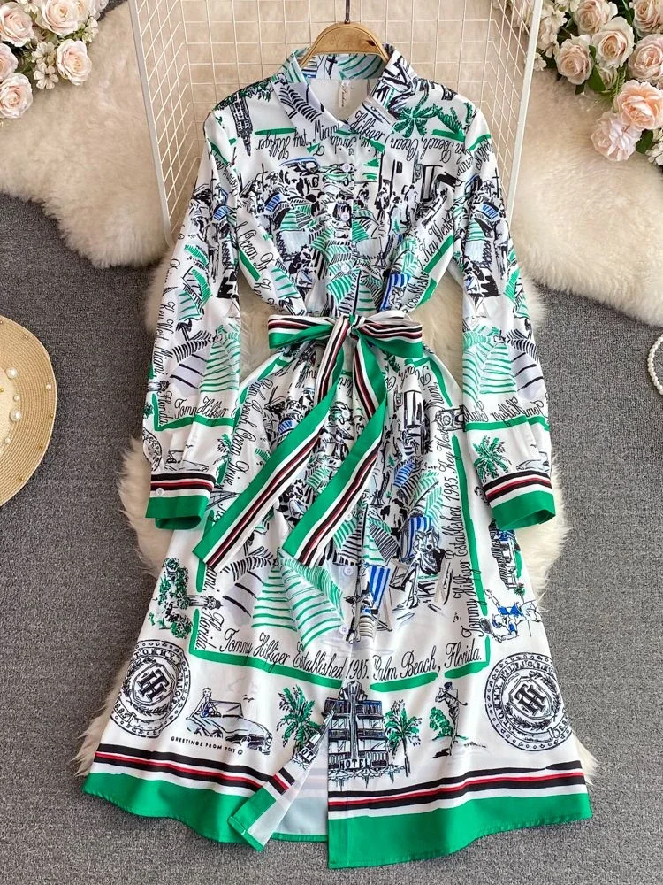 New Fashion Vintage Shirt Dress Women Office Formal Long Sleeve Single Breasted A Line Lace Up Female Chiffon Midi Vestidos