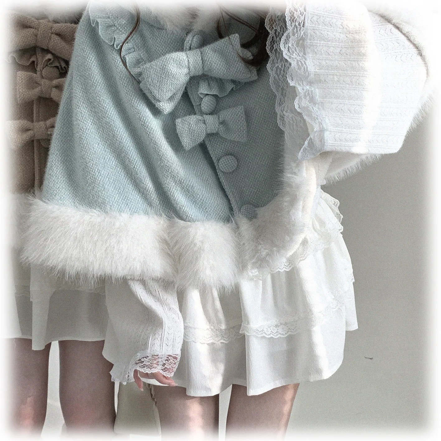 Mine Sweet Lolita Hooded Cloak for Women Winter Girl's Princess Cute Bow Plush Warm Capes Ladies Y2k Ponchos Short Jackets 2025