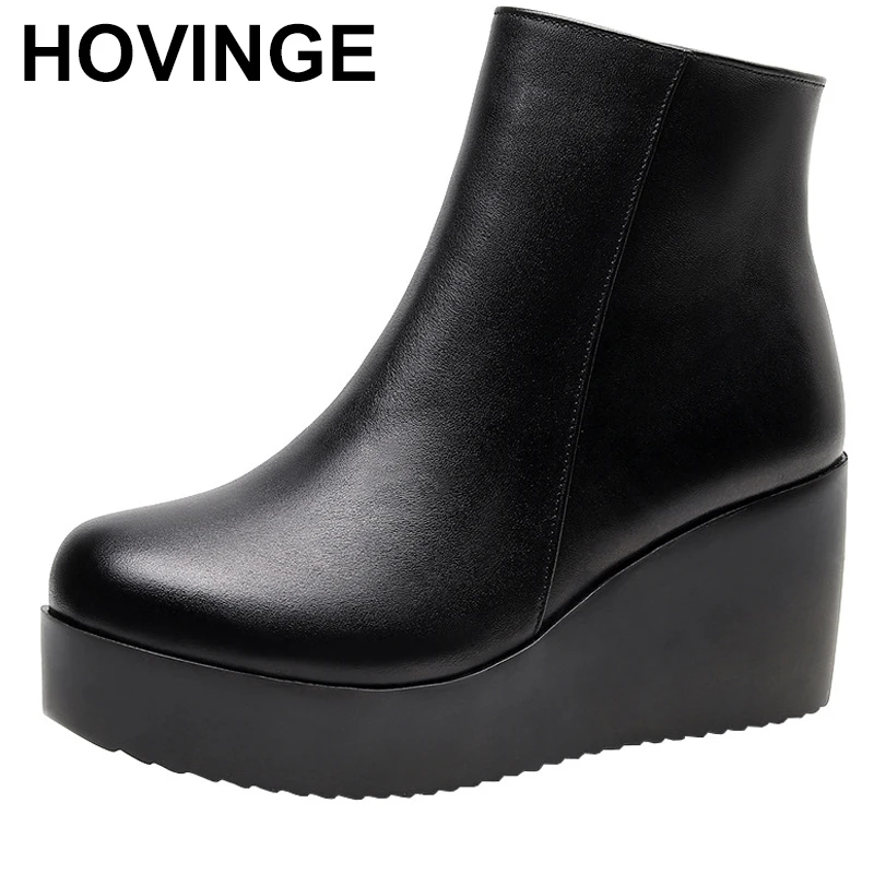 Big Size 43 Female Platform Wedges Boots Black Autumn Winter Ankle Boots For Women High Heels Ladies Leather Shoes Zipper