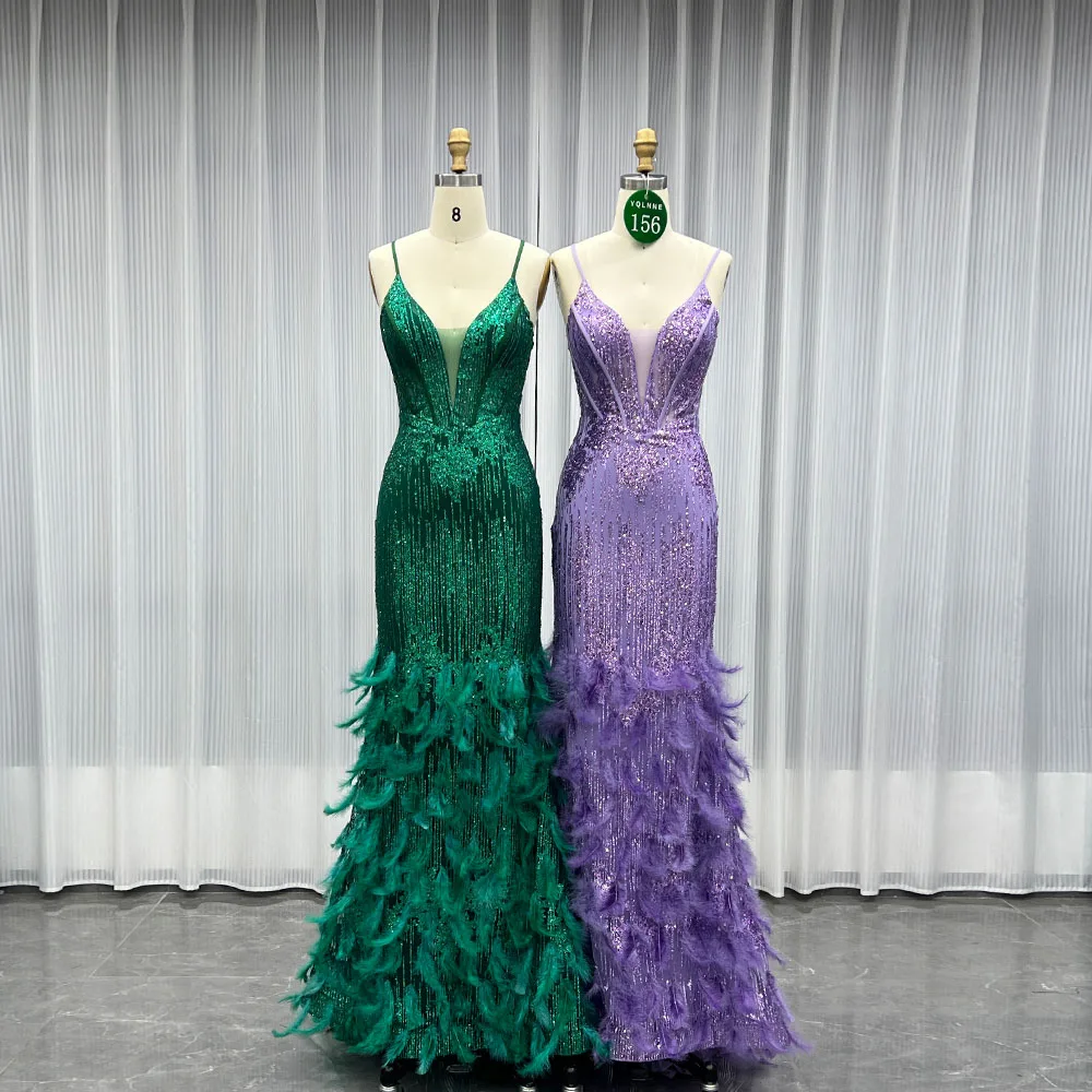 

YQLNNE 0156 Emerald Green Feathers Prom Dress Long Mermaid Glitter Evening Gown