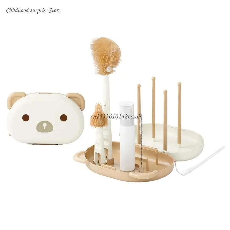 6 In 1 Baby Milk Bottle Cleaner Set Including Bottle Brush Pacifier and Straw Brushes with Drying Rack & Storage Box Dropship