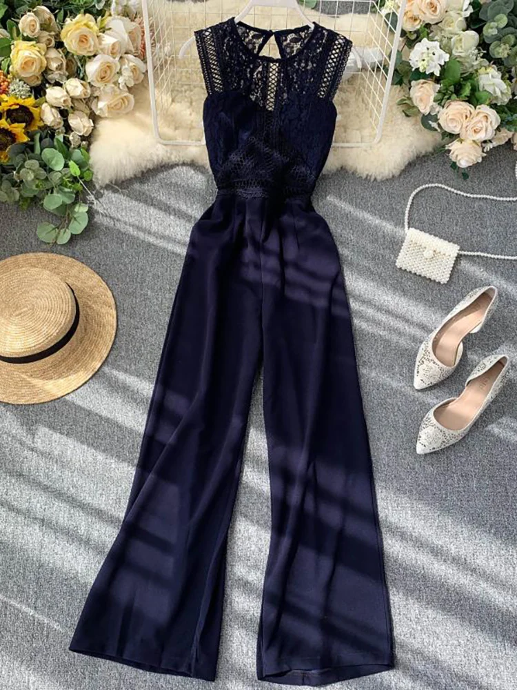 

Autumn Women Hollow Out Lace Romper Female Black/Yellow/Red Round Neck Sleeveless High Waist Patchwork Wide Leg Jumpsuits