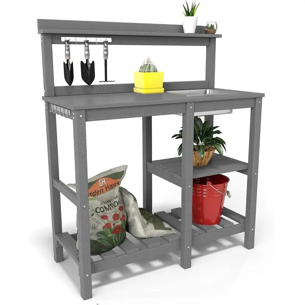 

Weatherproof Outdoor Potting Station with Sink, Hooks, Grey, Ideal for Patio, Porch, Garden, Yard
