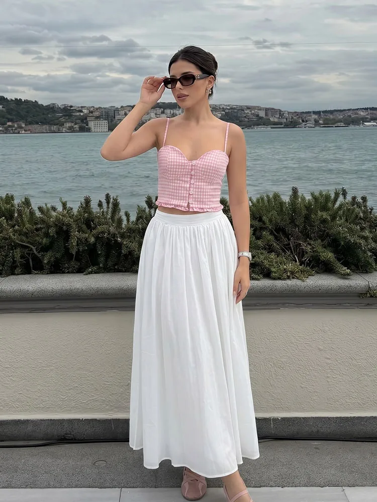 HH Elegant Pink Plaid Bodycon Camisole Top Spaghetti Straps Front Button Ruffle Hem Short Corset Summer Resort Beach Party Wear