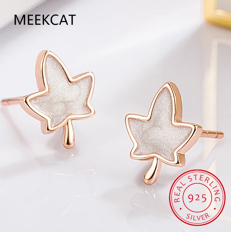 Real 925 Sterling Silver Sweet Maple Leaves Stud Earrings for Women Wedding Birthday Present Jewelry DA3210