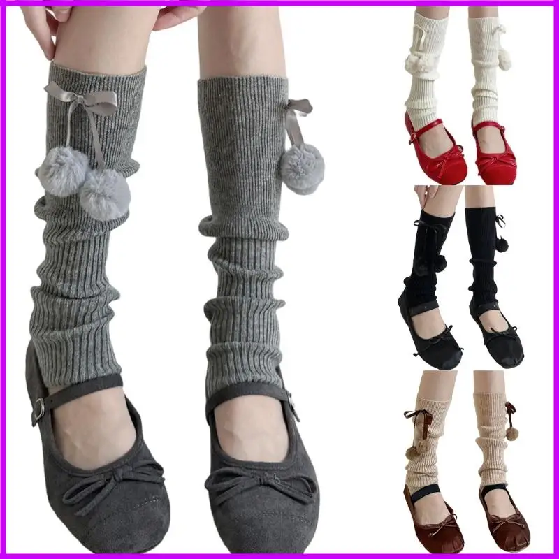 

Winter Warm Leg Warmers for Women Girls Lolitas Foot Cover Socks Plush Ball Knitted Leg Cover Middle Tube Socks