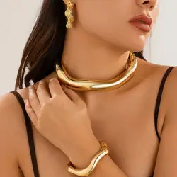 Punk Open Choker Torques Necklaces Bangles Stud Earrings Set For Women Hyperbole Geometric Gold Silver Color Metal Jewelry Set