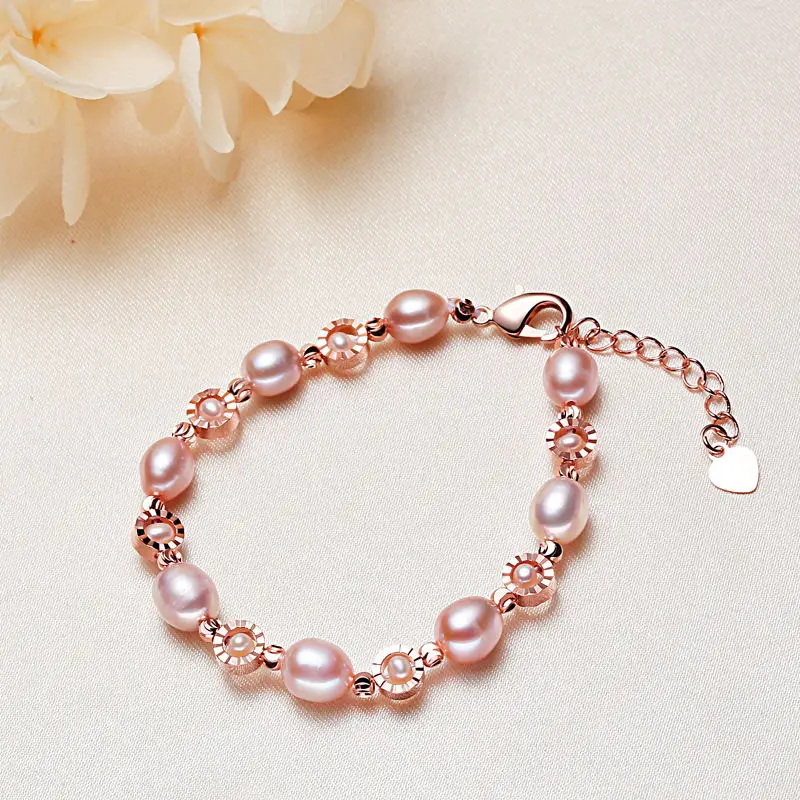 Natural Freshwater Pearl Bracelet Rose Pearl Bracelet Color Contrast Design Golden Lucky 6-7mm Rice Beads Belt Extension Chain