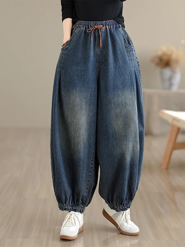 Artistic Faded Washed Denim Jeans Large Size Women's Casual Loose Fit Nine Points Harlan Pants Drawstring Elastic Waist