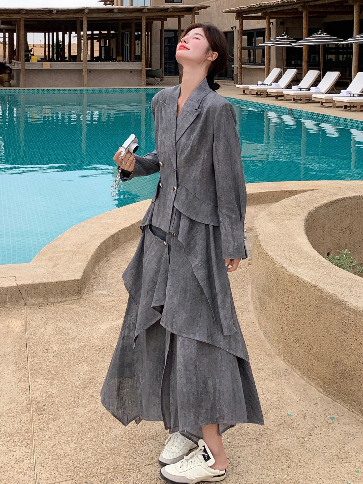 아이디언트 수트 세트 여성용 가을 2025 신상 고급스러운 느낌 비대칭 스커트 투피스 세트 캐주얼 슬레