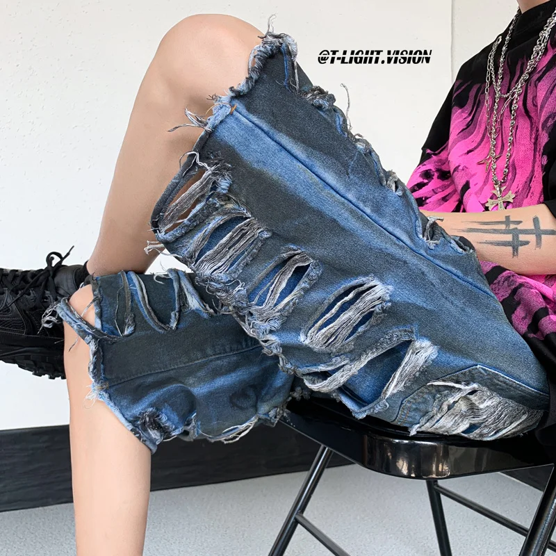 Splash-ink Holes Ripped Short Pants Mens Fake Two Piece Hip Hop Streetwear Breeches Y2K Korean Harajuku Denim Jeans Shorts