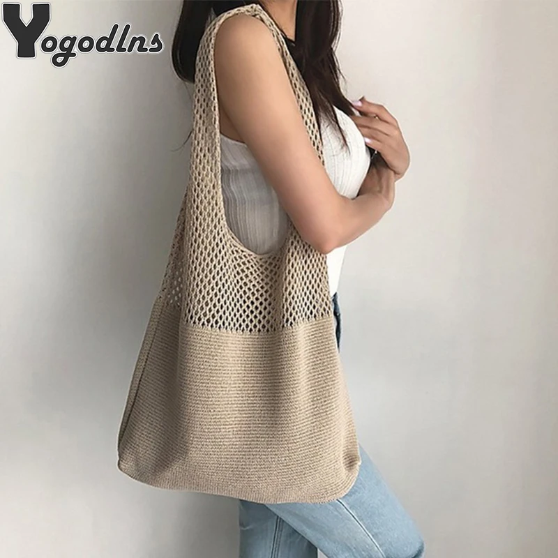 Vintage Hollow Woven Women Shoulder Bag Knitting Handbags Large Capacity Tote Bags For Ladies Summer Beach Travel Shopper Purse