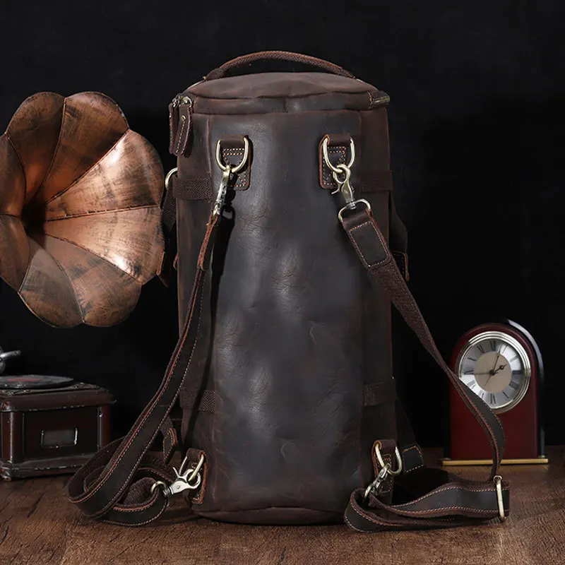 Unique Design Leather Backpack For Men Vintage Crazy Horse Leather Bucket Daypack Large Male Travel Bag Male Backpacks