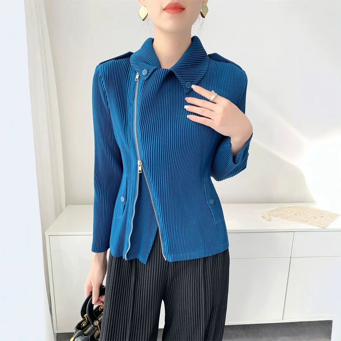 Miyake Textured Pleated Windproof Jacket for Women, Loose Drop-Shoulder Long-Sleeve Cardigan, Minimalist Luxury Women's Top