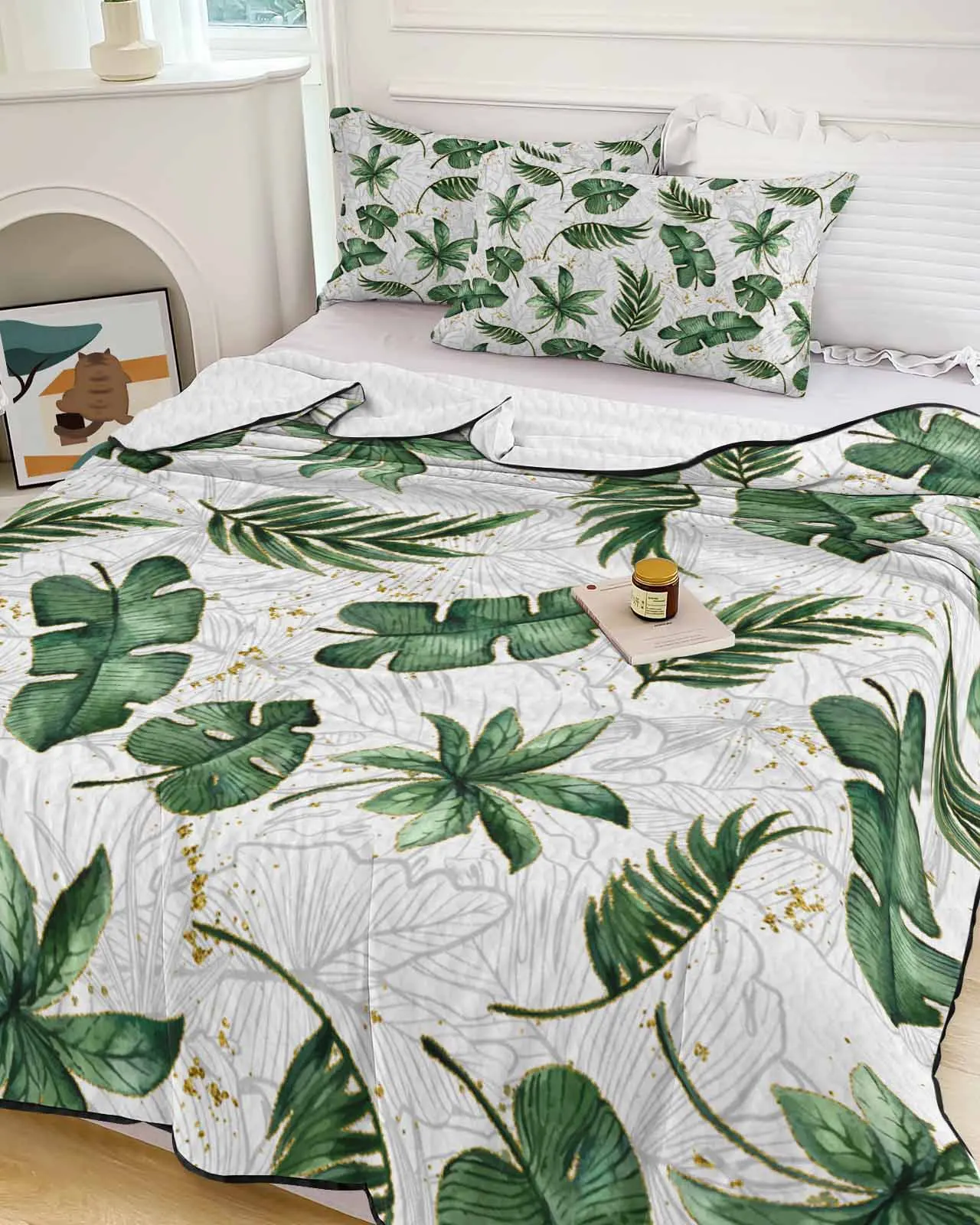 

Watercolor Tropical Plant Turtle Back Palm Leaves Summer Cooling Quilt Air Condition Blanket Comfortable Lightweight Thin Quilt