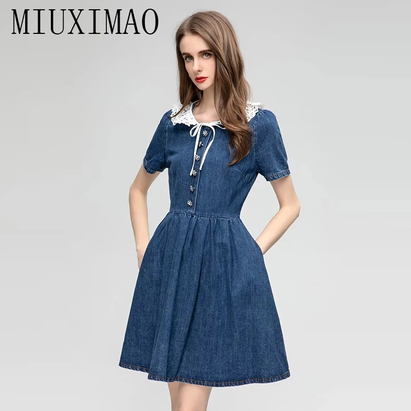 

MIUXIMAO 2023 Elegant and Pretty Women's Dresses Fashion Short Sleeve Retro Diamond Buttons Denim Dress Women Female Dress