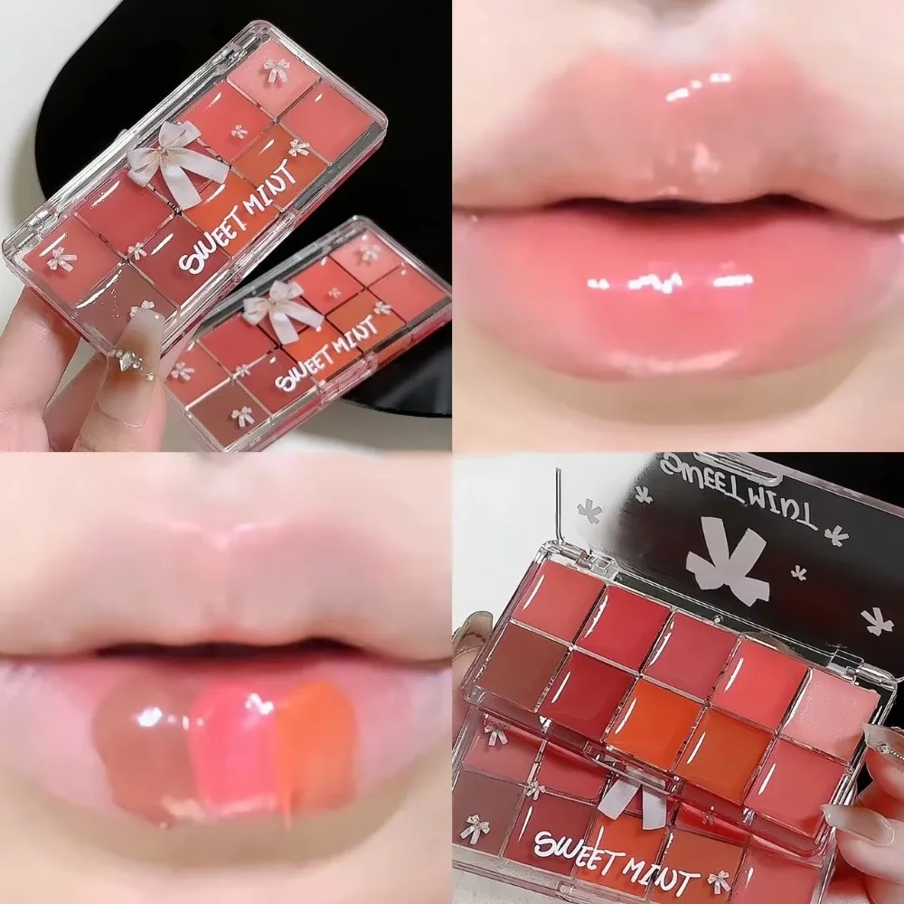 Placa de gelatina, 10 colores, labio rojo, naranja, bálsamo de aceite de labios regordete Sexy, paleta de maquillaje de vidrio de agua hidratante, brillo de labios de cristal espejo