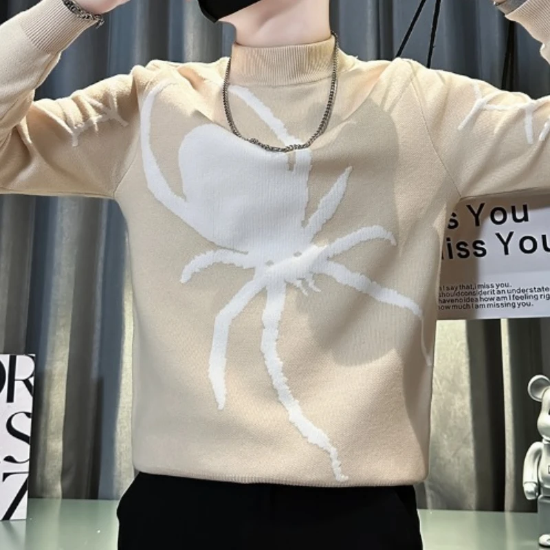 Fashion Knitted Jacquard Round Neck Men's Sweater Slim Casual Knit Pullover Social Versatile Knitwear Tops Hip-hop Streetwear