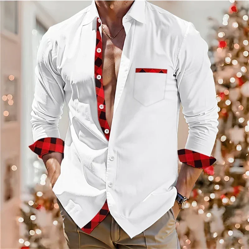 2024 Fashion Simple Office Business Casual Plaid Splicing Men\'s Shirt Soft Comfortable Lightweight Top Button Lapel Plus Size